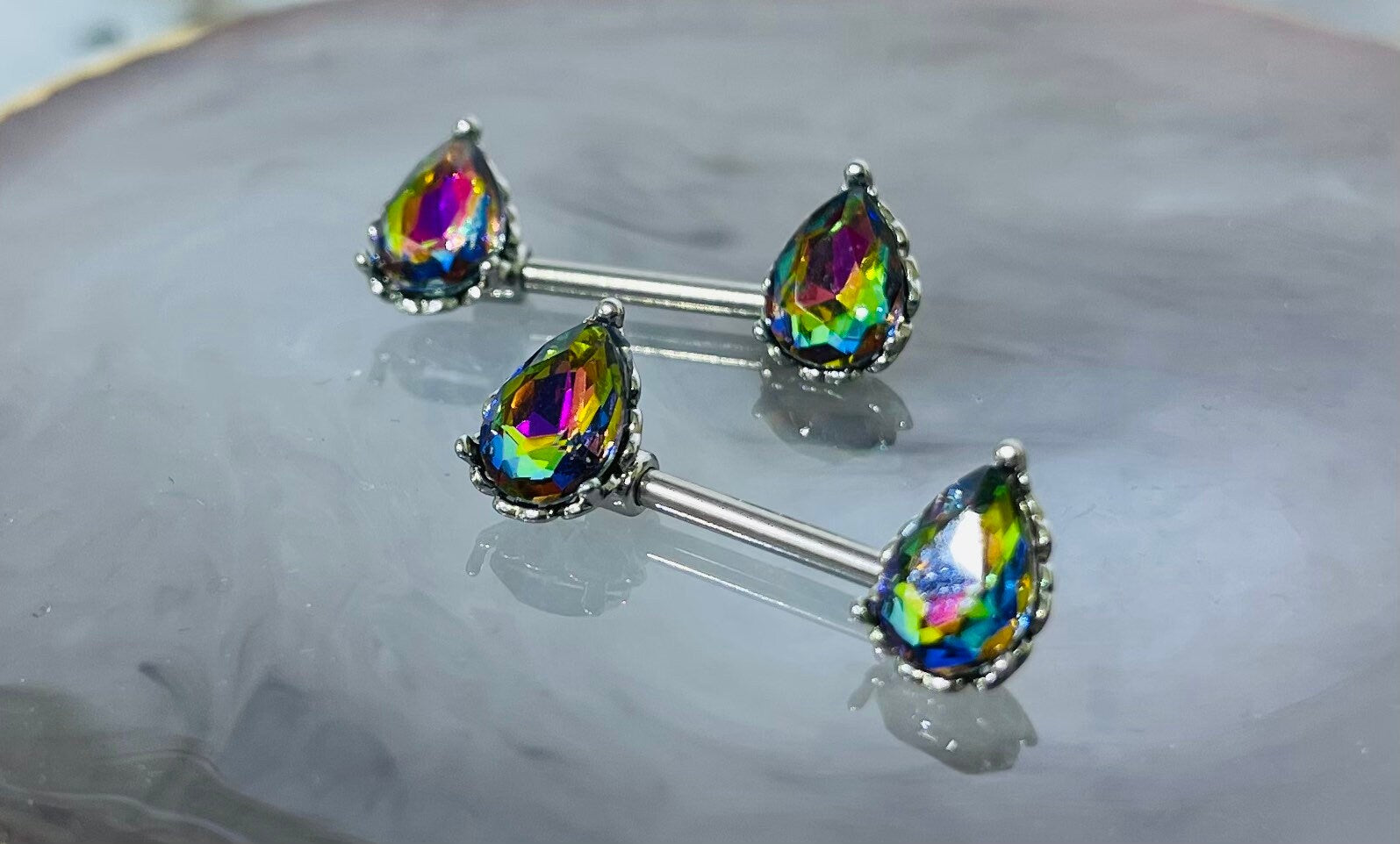 Pair of 14G Sparkling Multicolor Effect Teardrop Stones Nipple Barbells. Nipple Piercing. Nipple Rings. Nipple Jewelry