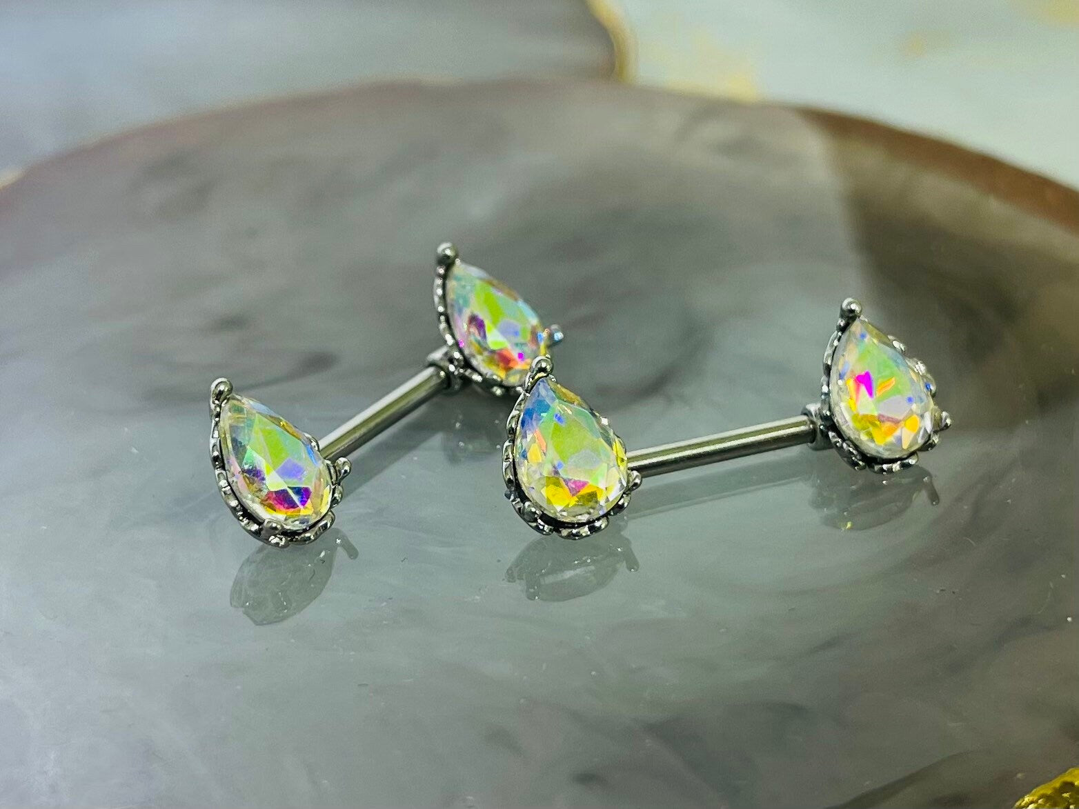 Pair of 14G Sparkling Clear Multicolor Effect Teardrop Stones Nipple Barbells. Nipple Piercing. Nipple Rings. Nipple Jewelry