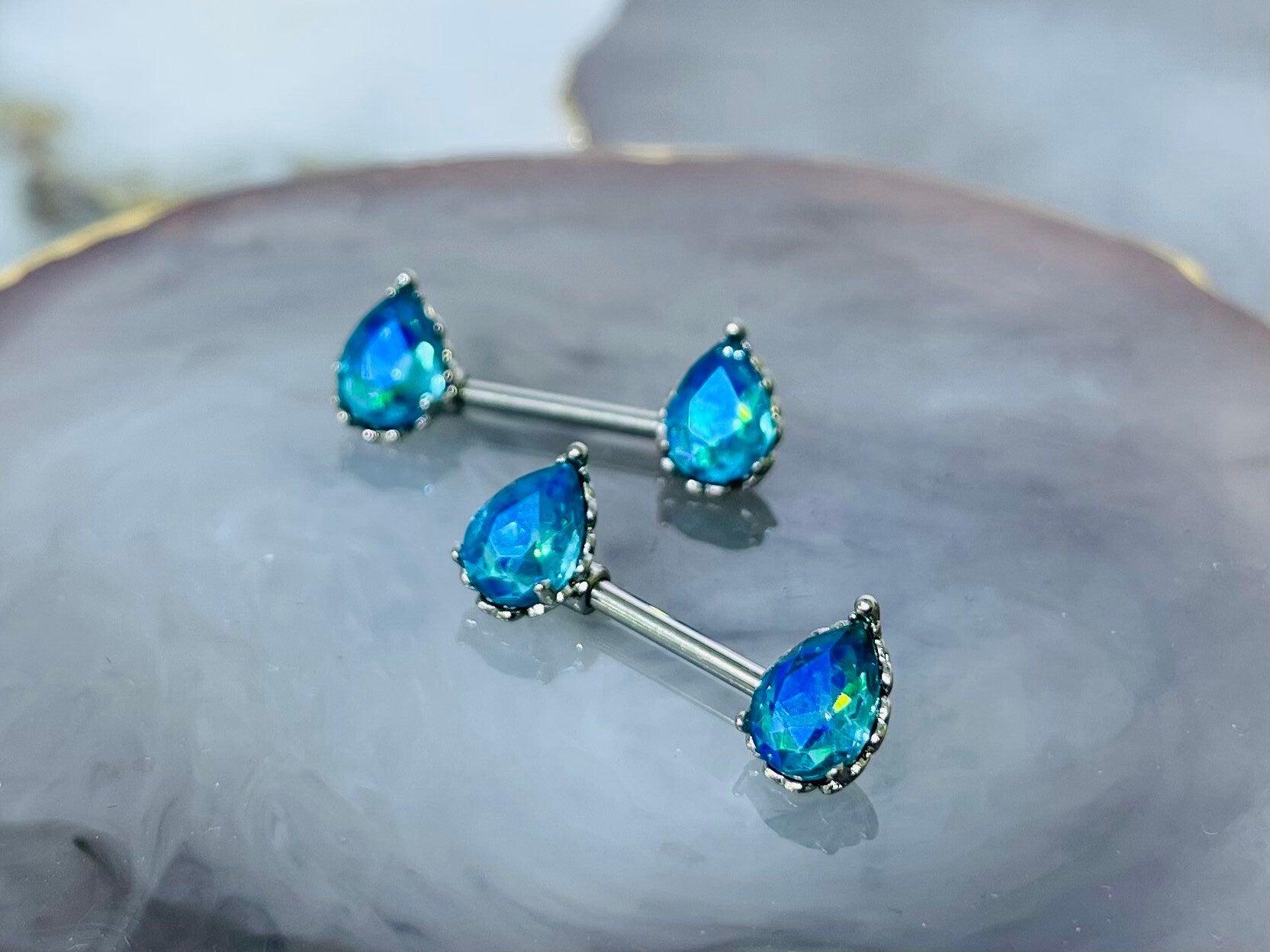 Pair of 14G Sparkling Clear Aqua Effect Teardrop Stones Nipple Barbells. Nipple Piercing. Nipple Rings. Nipple Jewelry