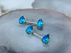 Pair of 14G Sparkling Clear Aqua Effect Teardrop Stones Nipple Barbells. Nipple Piercing. Nipple Rings. Nipple Jewelry