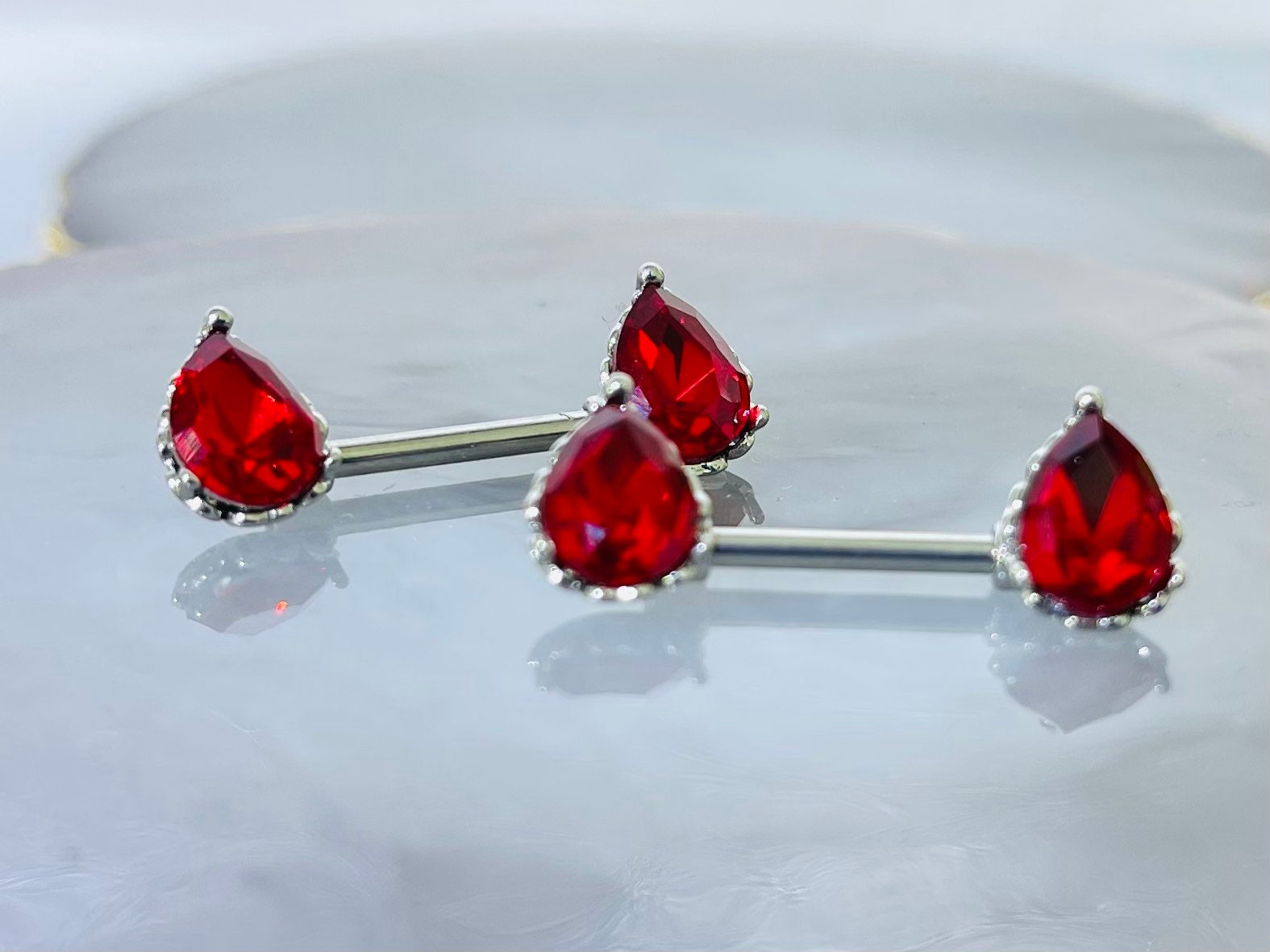 Pair of 14G Sparkling Clear Red Effect Teardrop Stones Nipple Barbells. Nipple Piercing. Nipple Rings. Nipple Jewelry