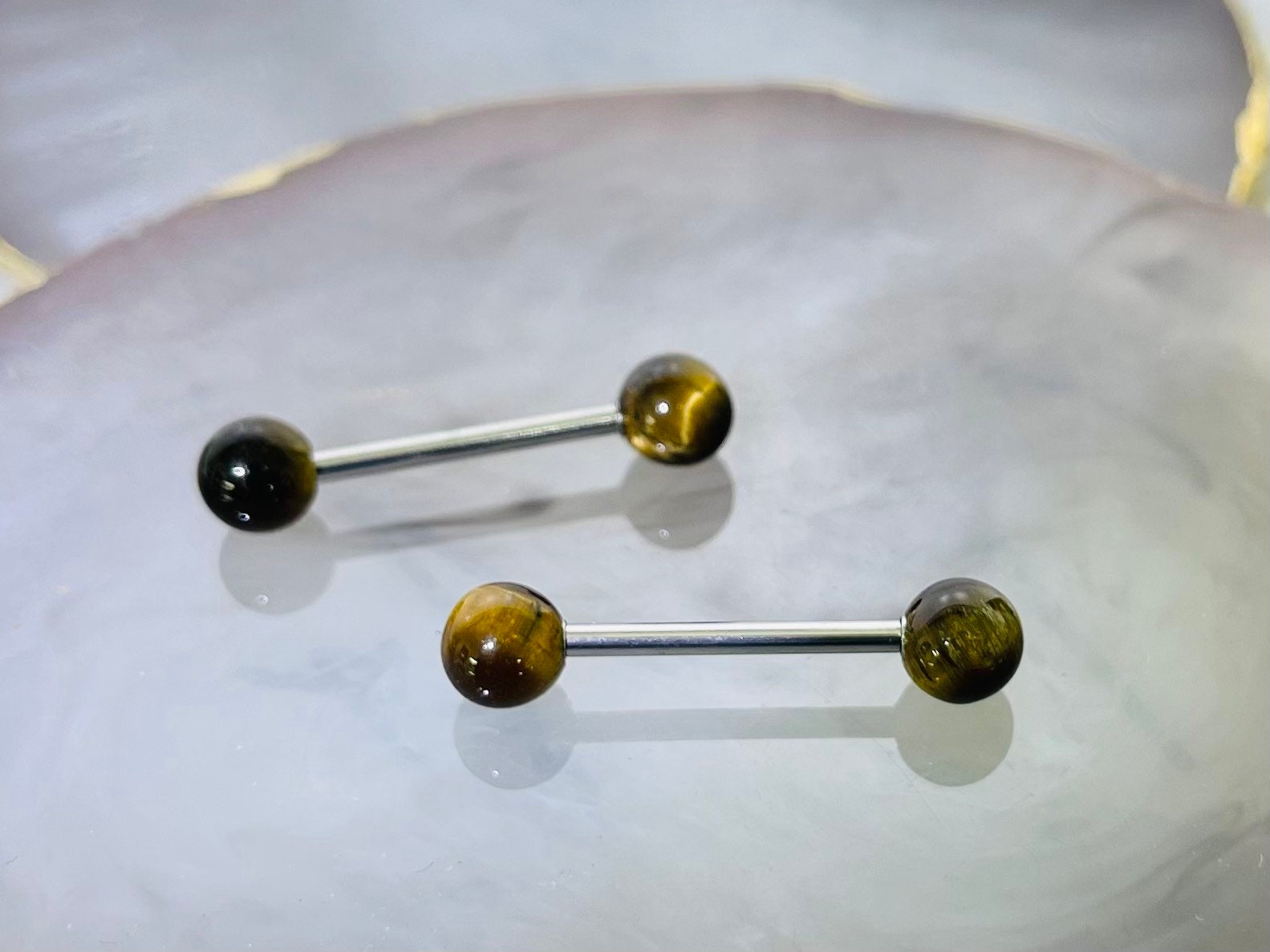 Pair of 14G Tiger’s Eye Natural Stone Balls Nipple Barbell. Nipple Rings. Nipple Piercing. Nipple Jewelry