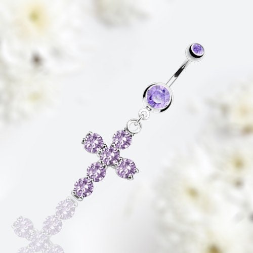 Dangling Cross with Prong Set Sparkling Purple Stones Belly Button Ring.