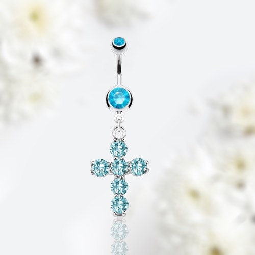 Dangling Cross with Prong Set Sparkling Blue Stones Belly Button Ring. Belly Ring. Belly Piercing.