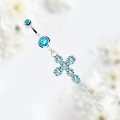 Dangling Cross with Prong Set Sparkling Blue Stones Belly Button Ring. Belly Ring. Belly Piercing.