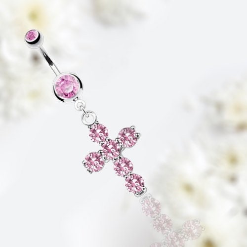 Dangling Cross with Prong Set Sparkling Pink Stones Belly Button Ring. Belly Ring. Belly Piercing.