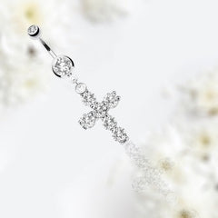 Dangling Cross with Prong Set Sparkling Clear Stones Belly Button Ring. Belly Ring. Belly Piercing.