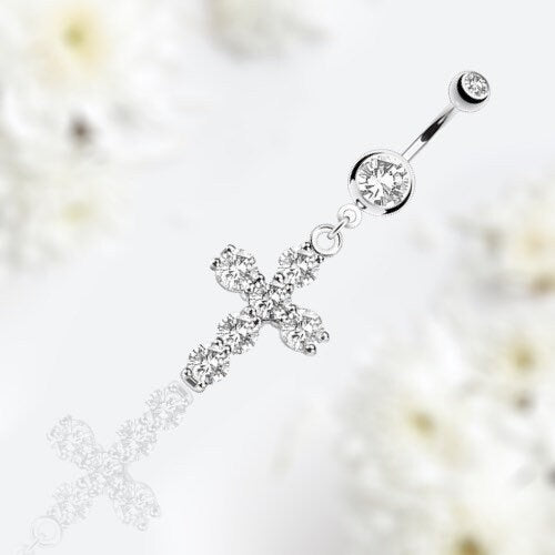 Dangling Cross with Prong Set Sparkling Clear Stones Belly Button Ring. Belly Ring. Belly Piercing.