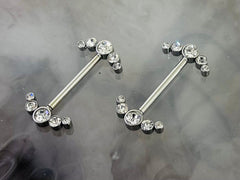 Pair of 14G Internally Threaded Sparkling Clear Stone Ray Nipple Barbell. Nipple Jewelry. Nipple Piercing.