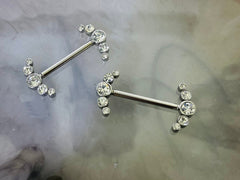 Pair of 14G Internally Threaded Sparkling Clear Stone Ray Nipple Barbell. Nipple Jewelry. Nipple Piercing.