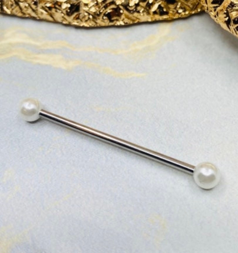 14G Pearl Ends 38MM Industrial Barbell. Ear Piercing. Industrial Piercing.