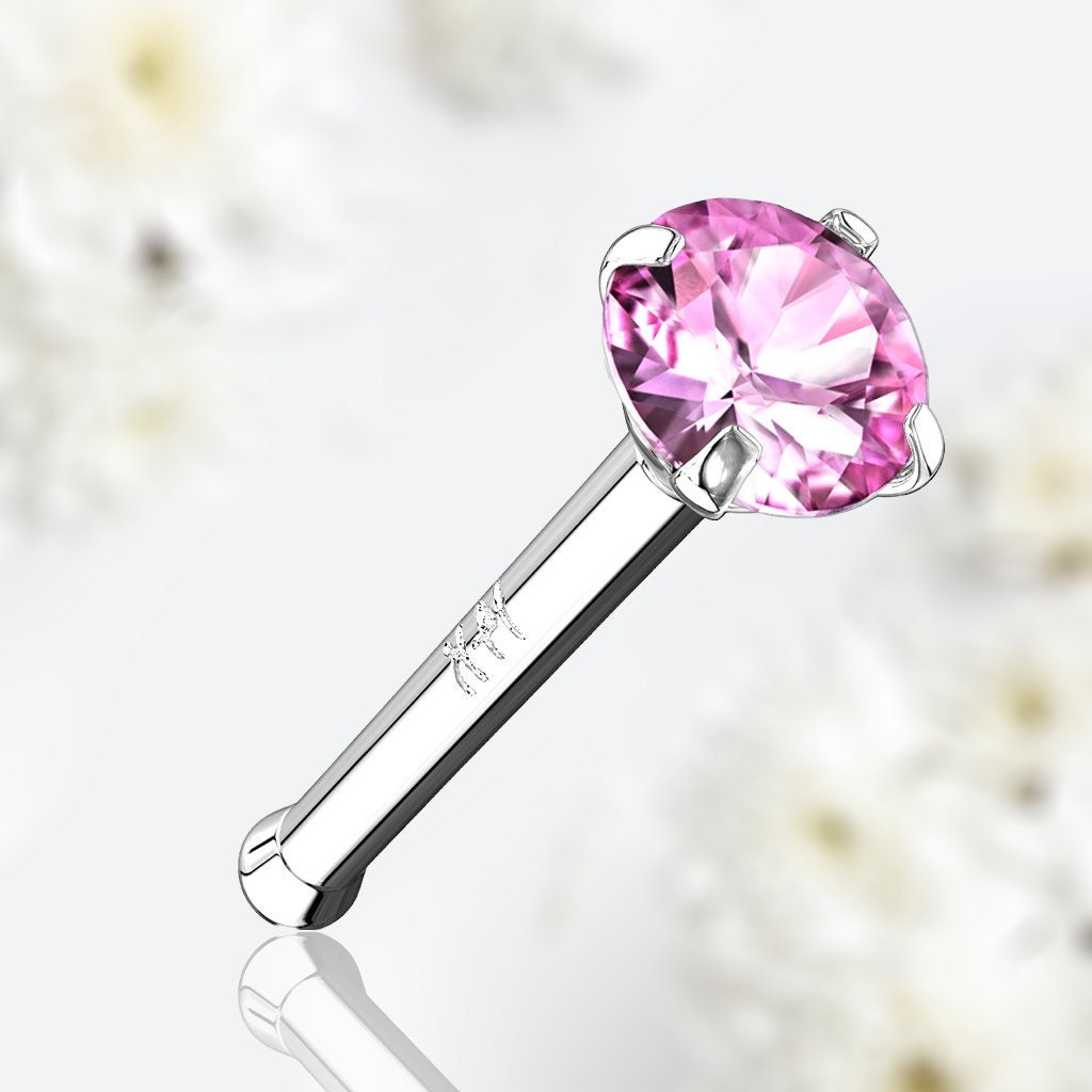 14Karat White Gold Prong Set Pink Stone Nose Stud. Nose Piercing. Nose Ring.