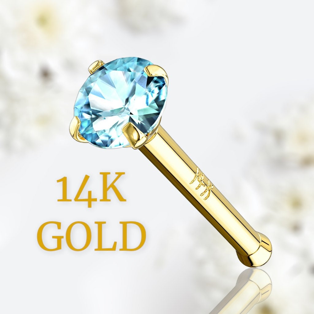 14Karat Yellow Gold Prong Set Light Blue Stone Nose Stud. Nose Piercing. Nose Ring.