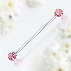 14G Industrial Barbell with Sparkling Pink Cluster Stones