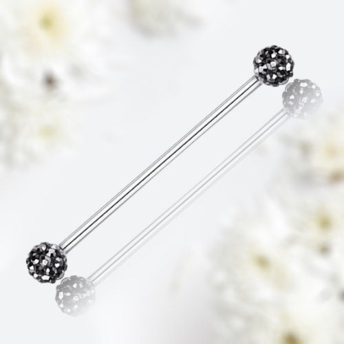 14G Industrial Barbell with Sparkling Black Cluster Stones. Industrial Piercing. Industrial Barbell.