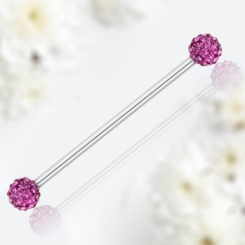 14G Industrial Barbell with Sparkling Hot Pink Cluster Stones