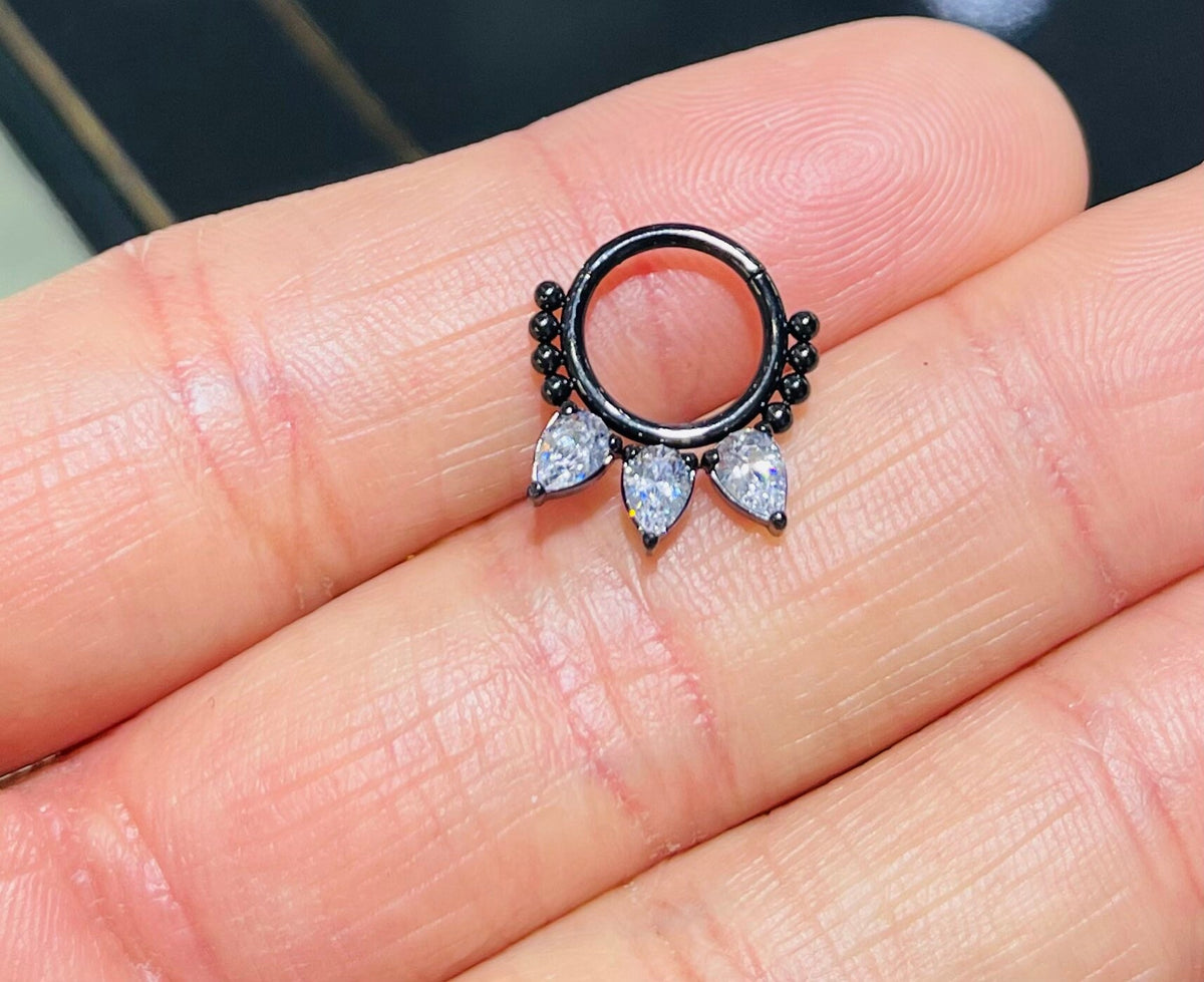 16G Surgical Steel Black Pear Shape Beaded Hinged Clicker Ring for Septum, Daith & More