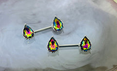 Pair of 14G Sparkling Multicolor Effect Teardrop Stones Nipple Barbells. Nipple Piercing. Nipple Rings. Nipple Jewelry