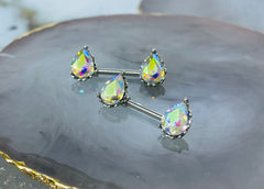 Pair of 14G Sparkling Clear Multicolor Effect Teardrop Stones Nipple Barbells. Nipple Piercing. Nipple Rings. Nipple Jewelry