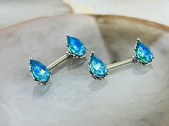 Pair of 14G Sparkling Clear Aqua Effect Teardrop Stones Nipple Barbells. Nipple Piercing. Nipple Rings. Nipple Jewelry