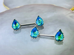 Pair of 14G Sparkling Clear Aqua Effect Teardrop Stones Nipple Barbells. Nipple Piercing. Nipple Rings. Nipple Jewelry