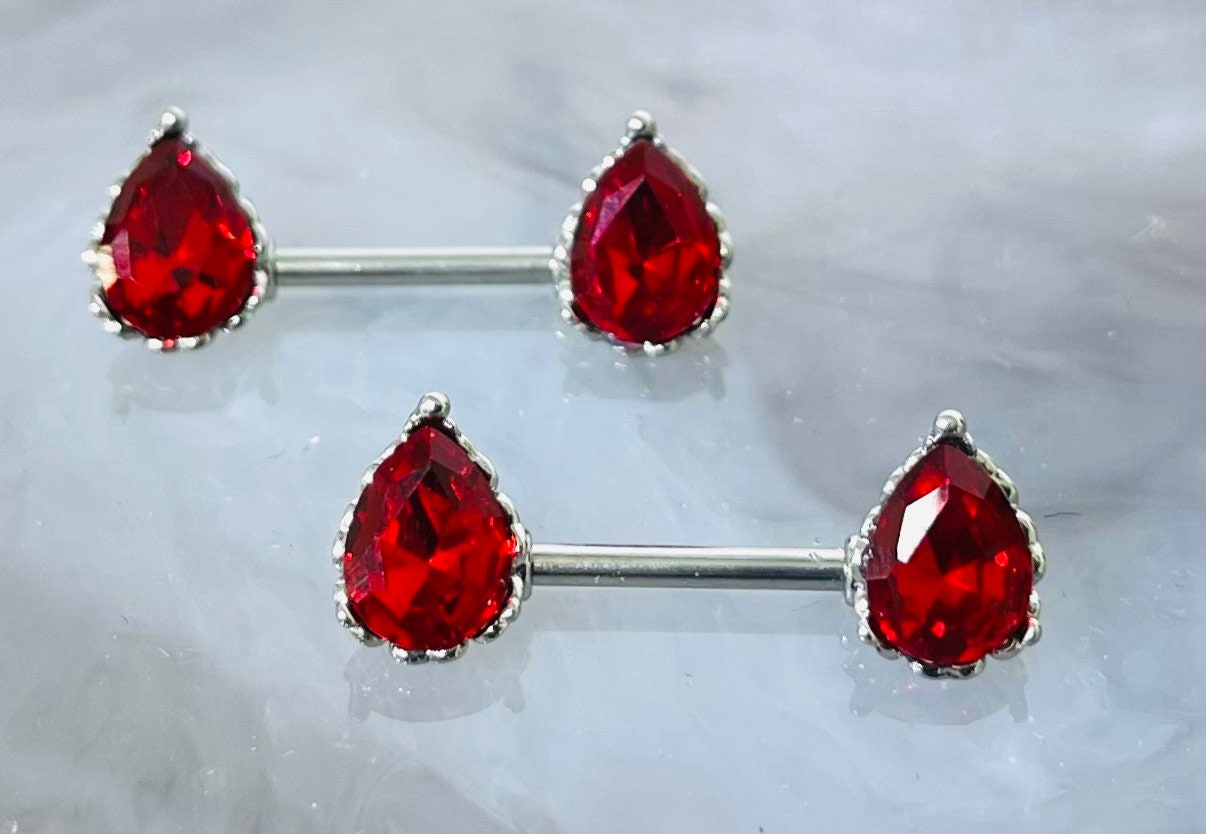 Pair of 14G Sparkling Clear Red Effect Teardrop Stones Nipple Barbells. Nipple Piercing. Nipple Rings. Nipple Jewelry