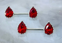 Pair of 14G Sparkling Clear Red Effect Teardrop Stones Nipple Barbells. Nipple Piercing. Nipple Rings. Nipple Jewelry