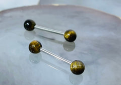 Pair of 14G Tiger’s Eye Natural Stone Balls Nipple Barbell. Nipple Rings. Nipple Piercing. Nipple Jewelry