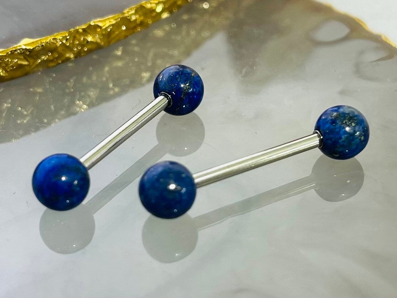 Pair of 14G Sodalite Blue Natural Stone Balls Nipple Barbell. Nipple Rings. Nipple Piercing. Nipple Jewelry