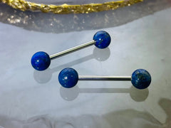 Pair of 14G Sodalite Blue Natural Stone Balls Nipple Barbell. Nipple Rings. Nipple Piercing. Nipple Jewelry