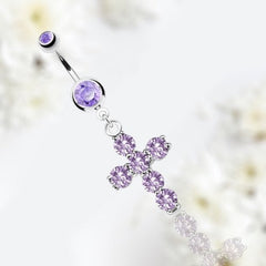 Dangling Cross with Prong Set Sparkling Purple Stones Belly Button Ring.