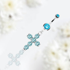 Dangling Cross with Prong Set Sparkling Blue Stones Belly Button Ring. Belly Ring. Belly Piercing.