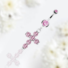 Dangling Cross with Prong Set Sparkling Pink Stones Belly Button Ring. Belly Ring. Belly Piercing.