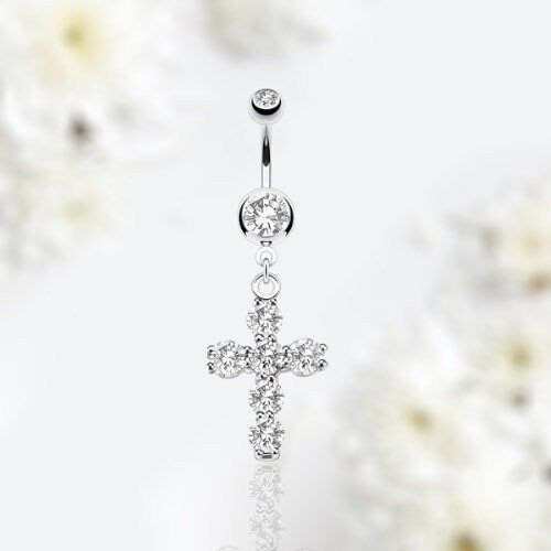 Dangling Cross with Prong Set Sparkling Clear Stones Belly Button Ring. Belly Ring. Belly Piercing.