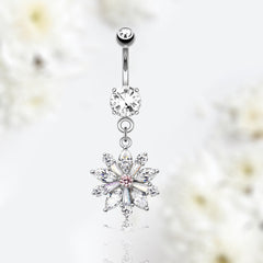 14G Silver Dangling Flower Belly Button Ring. Belly Ring. Navel Piercing. Jewelry for Woman