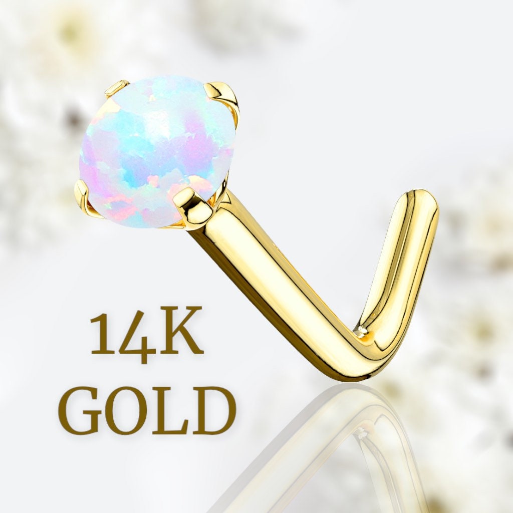 14Karat Real Gold Prong Set White Opal Top L-Shape Nose Stud. Nose Piercing. Nose Ring. L-Shape Nose Stud.