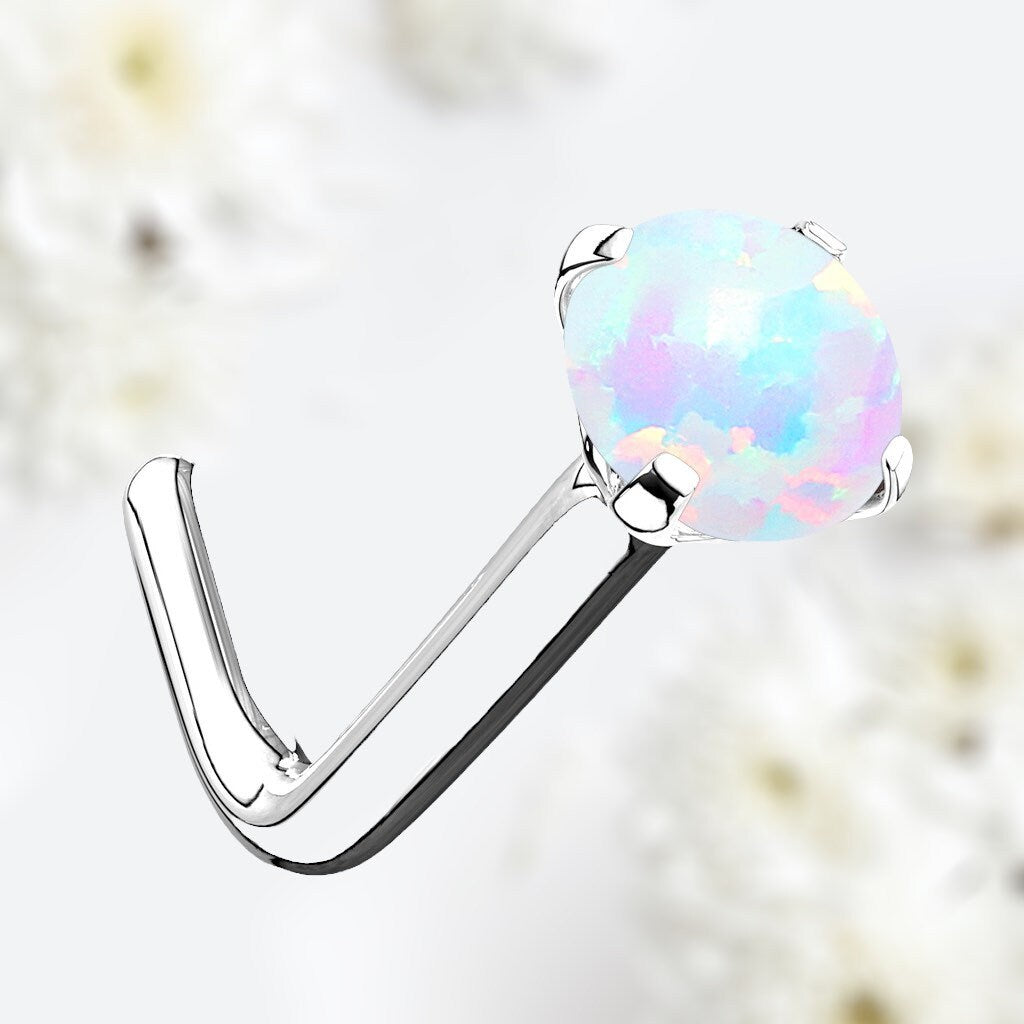 14Karat Real White Gold Prong Set White Opal Top L-Shape Nose Stud. Nose Piercing. Nose Ring. L-Shape Nose Stud.