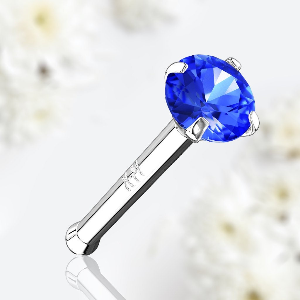 14Karat White Gold Prong Set Blue Stone Nose Stud. Nose Piercing. Nose Ring.