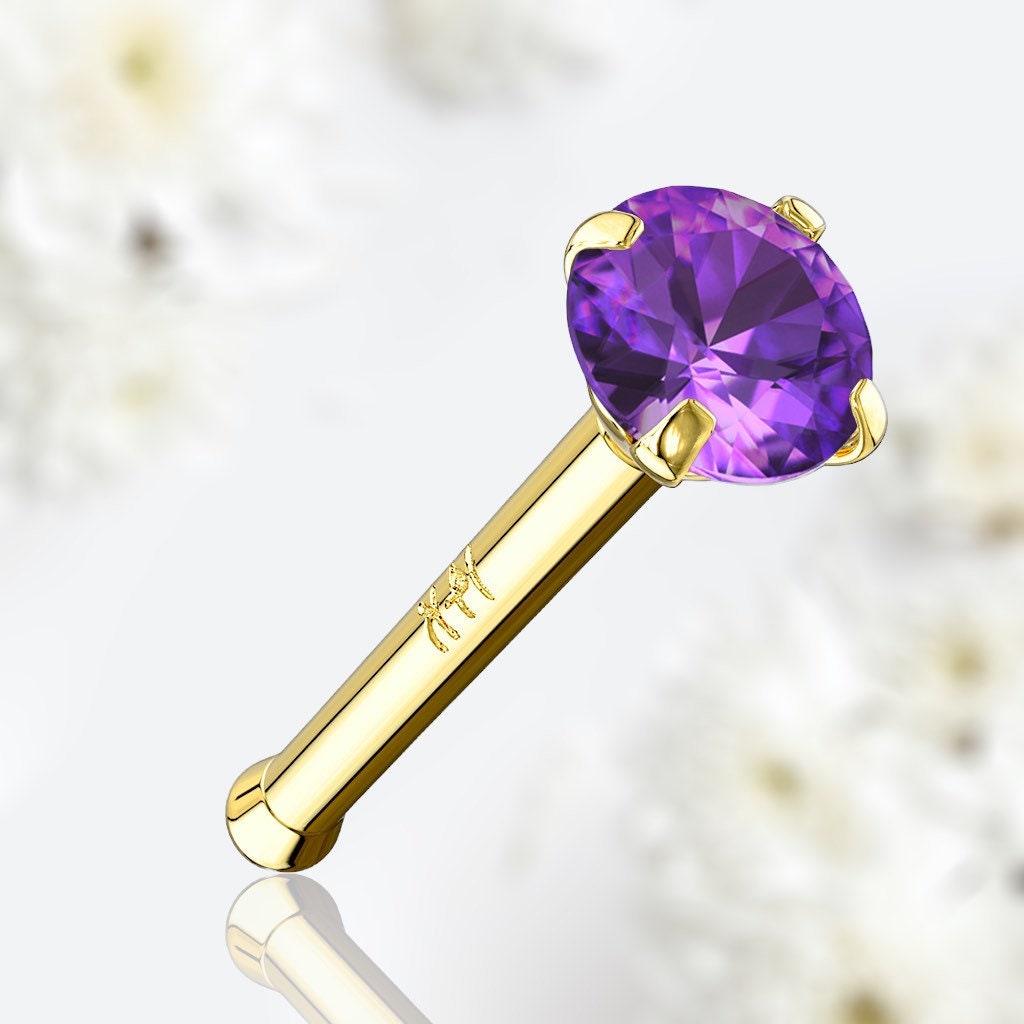 14Karat Yellow Gold Prong Set Purple Stone Nose Stud. Nose Piercing. Nose Ring.