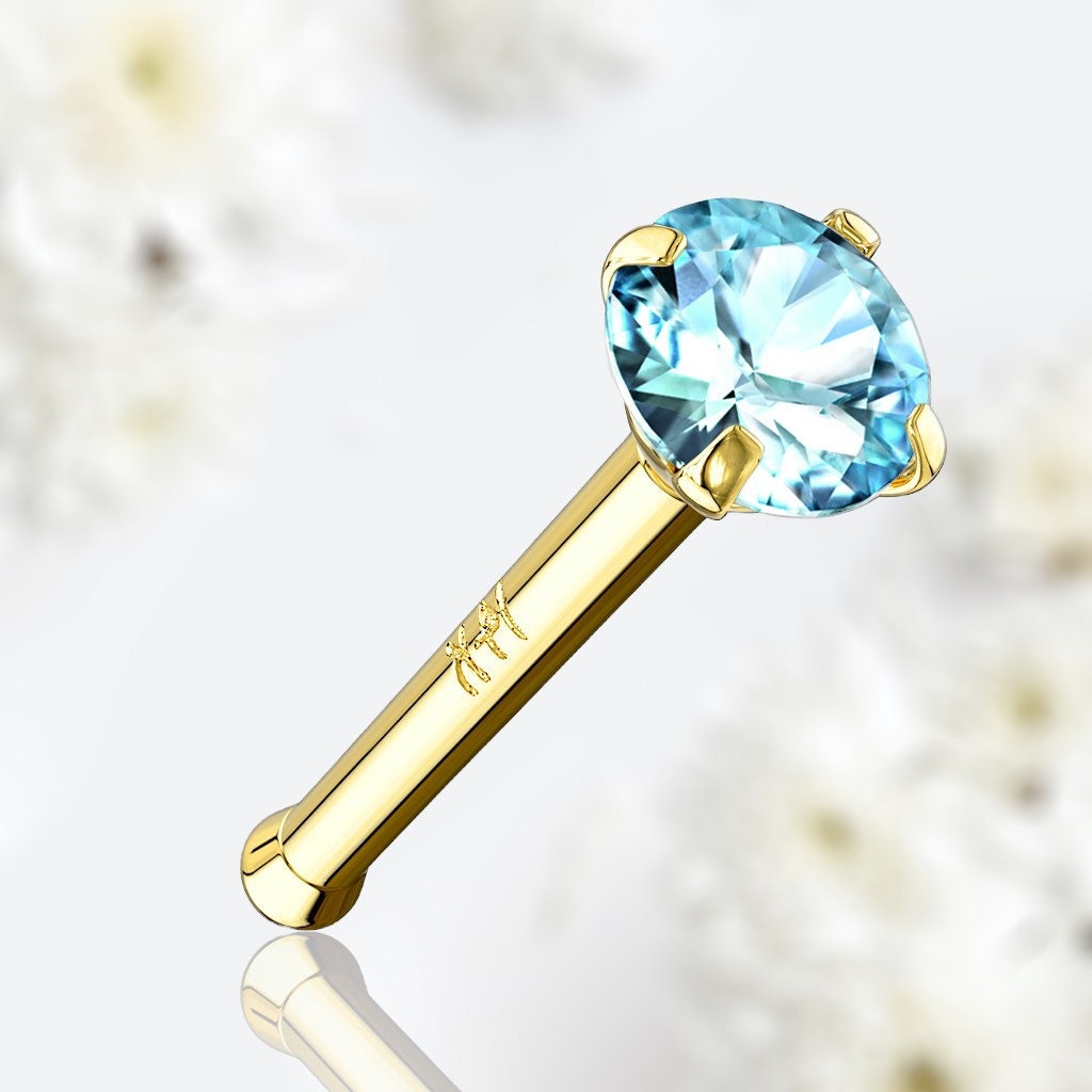 14Karat Yellow Gold Prong Set Light Blue Stone Nose Stud. Nose Piercing. Nose Ring.