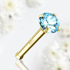 14Karat Yellow Gold Prong Set Light Blue Stone Nose Stud. Nose Piercing. Nose Ring.