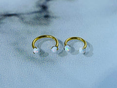 16G Gold Hoop with White Opal Ends 8MM 10MM Horseshoe Ring. Septum Ring. Cartilage Piercing.