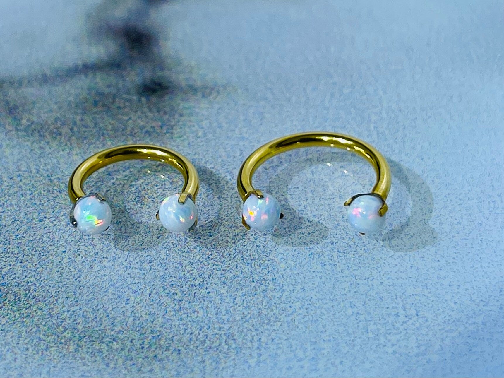 16G Gold Hoop with White Opal Ends 8MM 10MM Horseshoe Ring. Septum Ring. Cartilage Piercing.