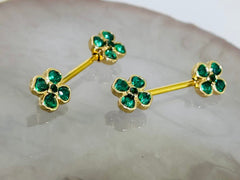 Pair of 14G Gold Emerald Heart Clover Nipple Barbells. Nipple Piercing. Nipple Rings. Nipple Jewelry.