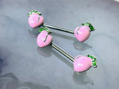 Pair of 14G Pink Peach Ends Nipple Barbell. Nipple Rings. Nipple Piercing. Nipple Jewelry.