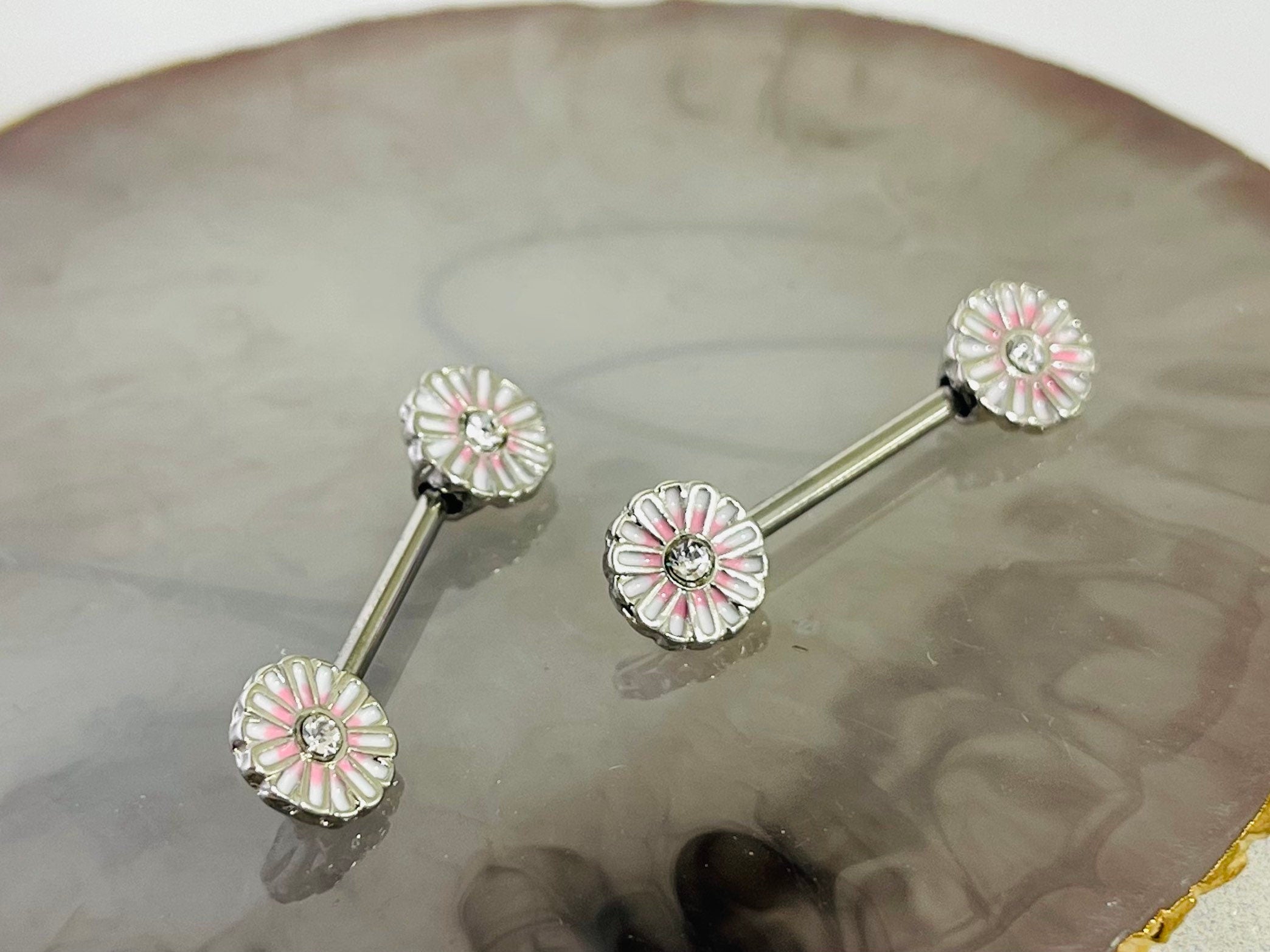 Pair of 14G Pink Blush Flower Nipple Barbell. Nipple Rings. Nipple Piercing. Nipple Jewelry.