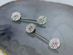 Pair of 14G Pink Blush Flower Nipple Barbell. Nipple Rings. Nipple Piercing. Nipple Jewelry.