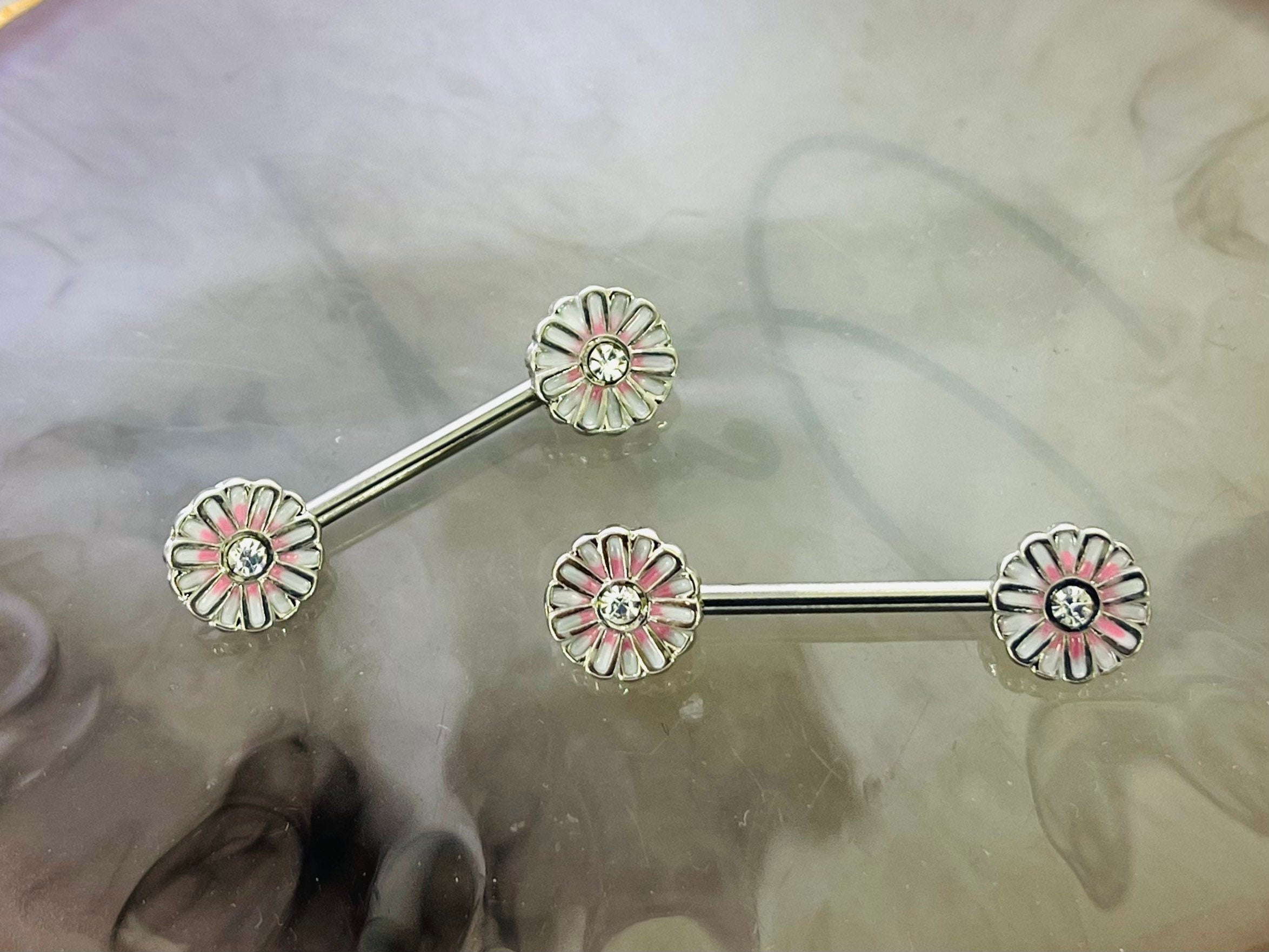 Pair of 14G Pink Blush Flower Nipple Barbell. Nipple Rings. Nipple Piercing. Nipple Jewelry.