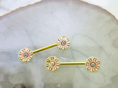 Pair of 14G Gold Pink Blush Flower Nipple Barbell. Nipple Rings. Nipple Piercing. Nipple Jewelry.