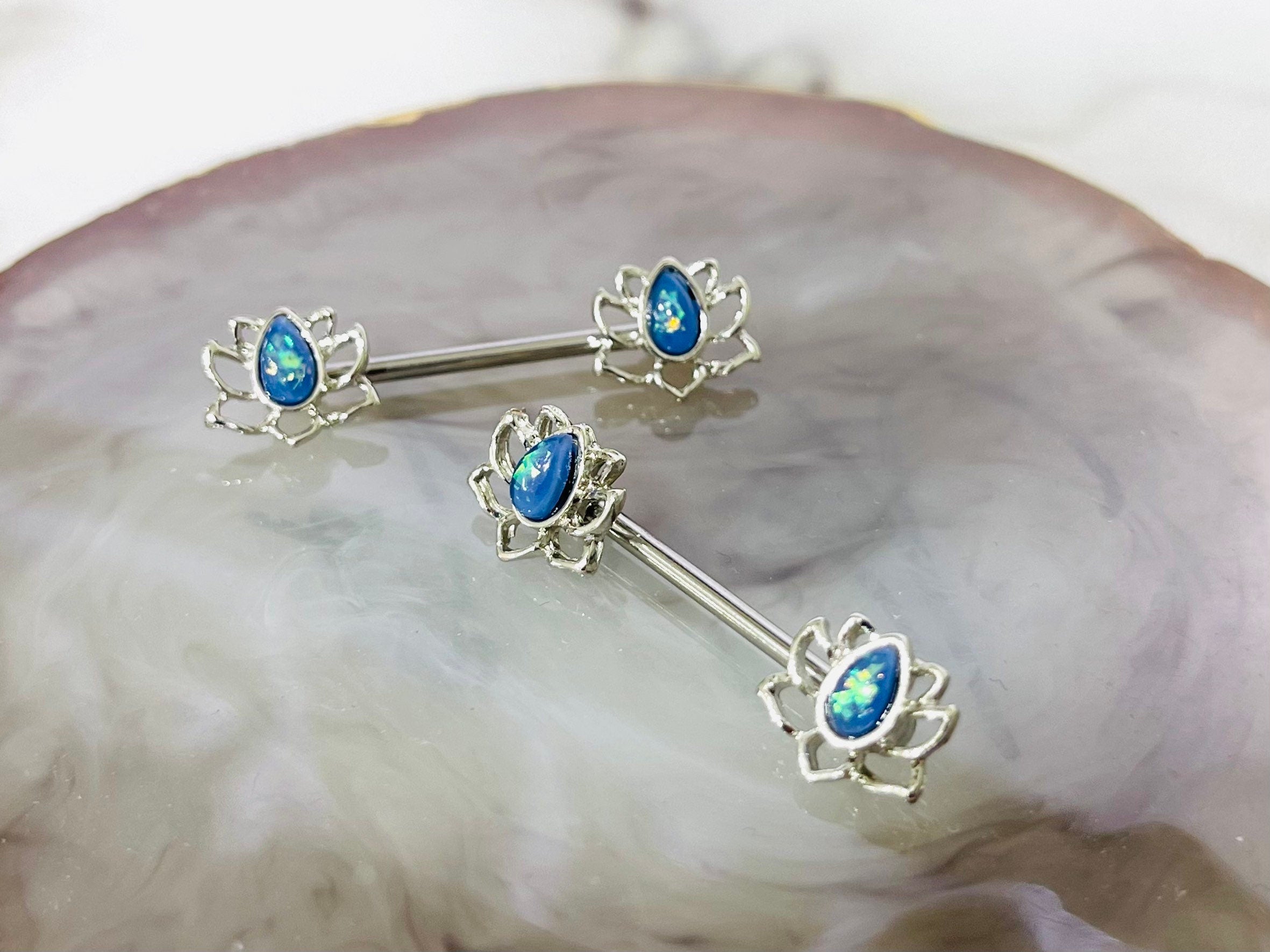 Pair of 14G Blue Opal Lotus Ends Nipple Barbell. Nipple Rings. Nipple Piercing. Nipple Jewelry.